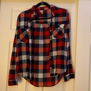 Lightweight red, white, and navy button-up shirt